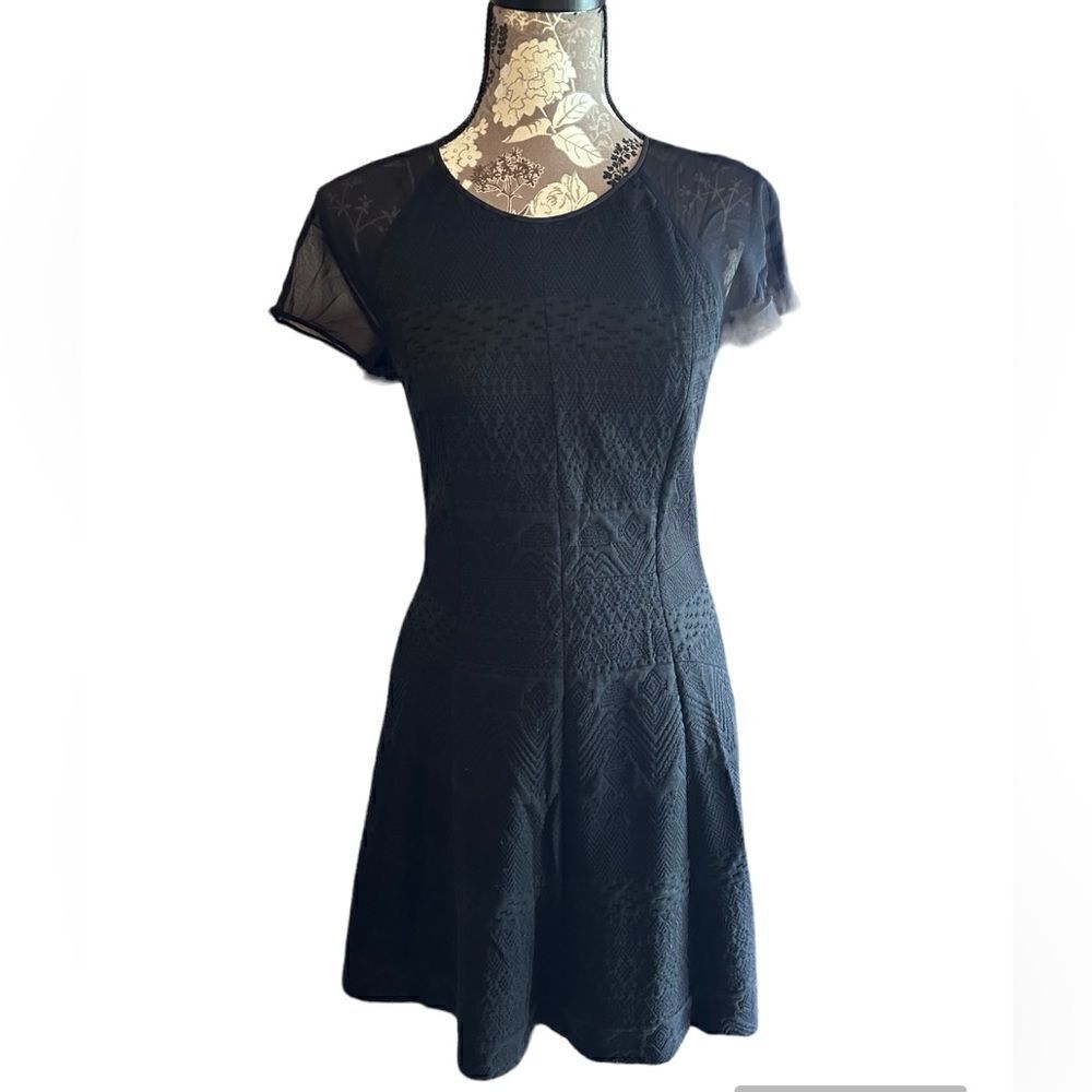Rebecca Taylor Patterned and sheer crew neck fit and flare black dress- Size 4